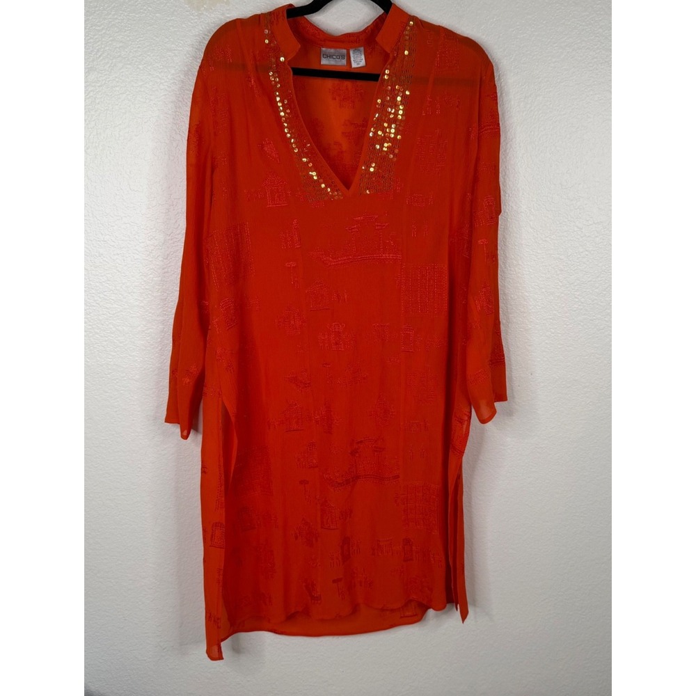 Chico's Women's Tunic Dress Cover Up Orange Sz 1/M Silk Asian Semi Sheer Sequins